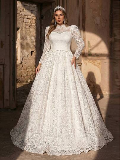 Glamrae Vestido de novia de estilo palaciego con encaje transparente, manga larga, cuello alto, color blanco y piel, con bordados y aplicaciones, corte evasé, talla grande, elegante y romántico