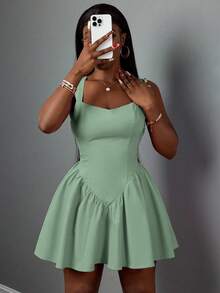 Slaydiva 夏季新款优雅甜心领无袖露背A字公主裙，粉色女士短裙 - 薄荷綠 - 查看 5