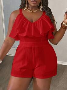 Slaydiva Plus Size Women's White Striped Textured V-Neck Ruffle Hem Sleeveless Romper - C - Red - View 4