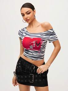 MTV | SHEIN Women's Zebra Print & Letter Pattern Tight Fit T-Shirt, Summer - Black and White - View 1