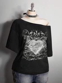 SHEIN ICON Camiseta Assimétrica de Ombro Larga com Estampa de Coração Punk GRUNGE para Mulheres Plus Size - Preto - Visão 9