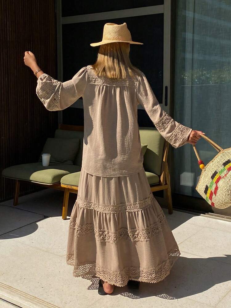 Women's Vacation Casual Solid Color Lace Patchwork Shirt And Skirt 2-Piece Set