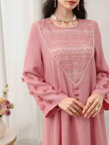 Al Najma 蕾丝拼接袖花卉宽松优雅长袖喇叭连衣裙，粉色 - 粉色 - 查看 3