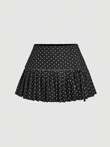 SHEIN MOD Women's Black And White Polka Dot Pleated Hem A-Line Skirt,Cute Back-To-School School Style For Autumn,Lining In Shorts,Phone Pocket,Tea Party Skirt - Black and White - View 2