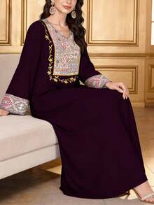 SHEIN Najma 女士复古花卉植物数码印花深紫色V领长袖优雅阿拉伯风格连衣裙，适合春秋季穿着。 - 彩色 - 查看 3
