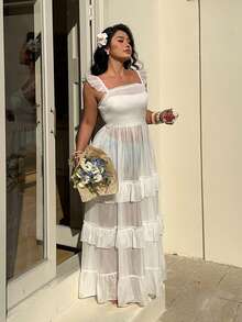 Sunnyshic Plus Size White Sheer Chiffon Beach Vacation Lightweight Long Dress With Flutter Sleeves, Summer Long Vacation Dress Tiered Dress Long Dress Summer Organza Dress Transparent Dress - White - View 3