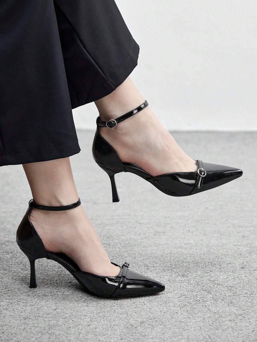 CUCCOO BIZCHIC Black Pointed Toe Stiletto Ankle Strap Women's High Heel Pumps, Hollow Out Sexy Dress Shoes For Work, Party, Event Valentine's Day - Black - View 1