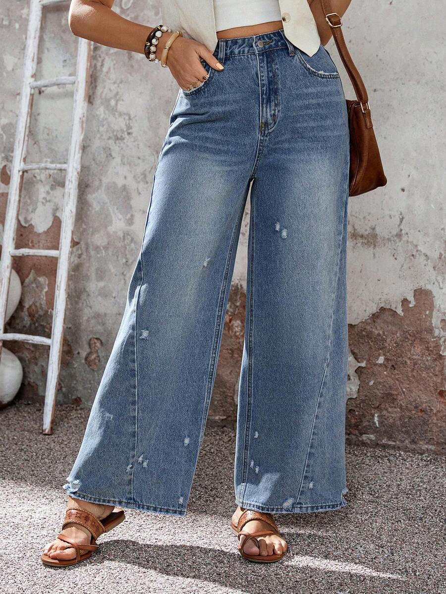 EMERY ROSE 女士高腰带口袋破洞阔腿宽松休闲牛仔裤 - 藍色 - 查看 1