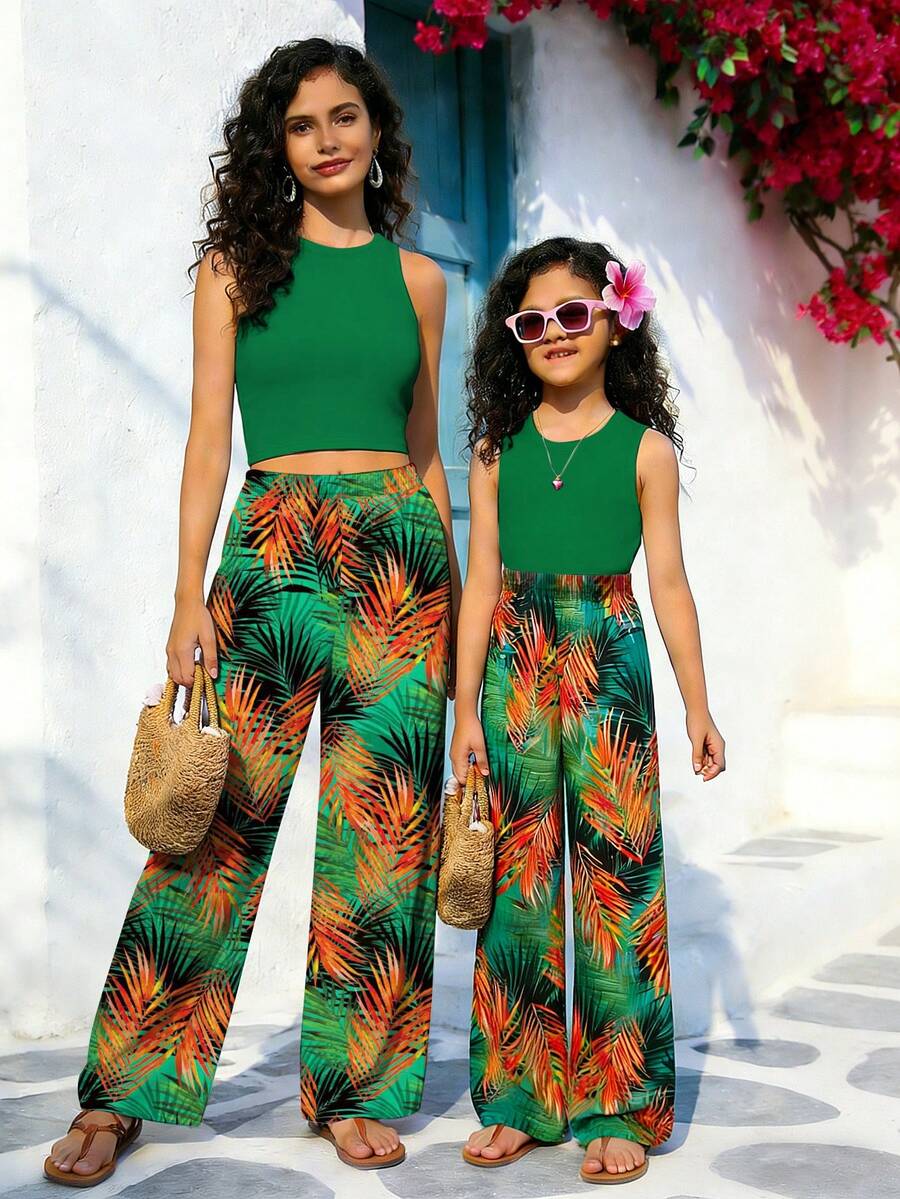 一套女童宽松热带棕榈叶印花吊带背心和阔腿裤套装，舒适时尚，适合度假穿着 - 彩色 - 查看 1