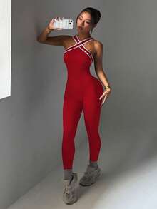 Dewbera Women's Contrast Stripe Halter Neck Jumpsuit - Red - View 4
