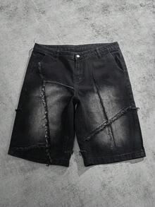 Manfinity ZONE917 Men's Pocketed Distressed Wide Leg Loose Casual Denim Shorts Men Streetwear Jeans Going Out Urban Hang Out Street Vacation - Black - View 1