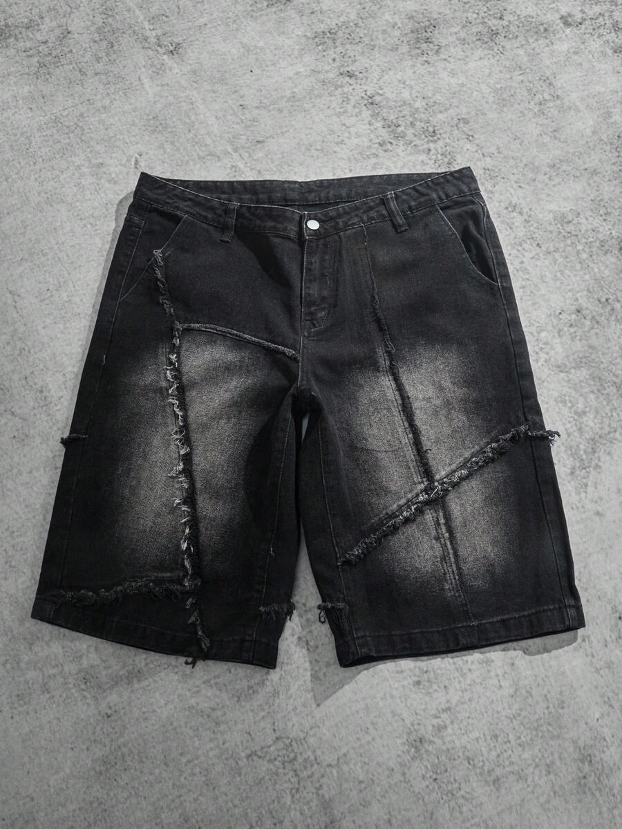 Manfinity ZONE917 Men's Pocketed Distressed Wide Leg Loose Casual Denim Shorts Men Streetwear Jeans Going Out Urban Hang Out Street Vacation - Black - View 1