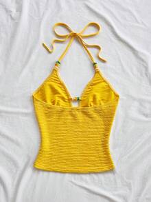 Soleia 女士纯色串珠吊带系带时尚百搭度假派对上衣 - 黃色 - 查看 2