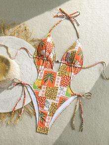 Soleia 女士橄榄绿针织提花纹理V领露背挂脖连体泳衣，海滩度假 - 彩色 - 查看 3