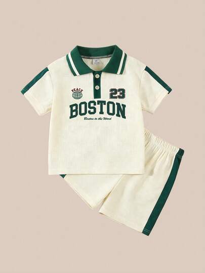 SHEIN Explorewe 2pcs/Set Young Boys Short Sleeve Printed Polo Shirt + Matching Shorts, Versatile & Comfortable, Suitable For Daily Wear, Outdoor Activities, Travel, School, Spring/Summer 2 Piece Boy Summer Set Kids 2 Piece Shorts Set