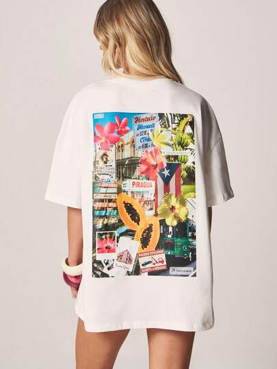 MISSGUIDED Puerto Rico Back Print Oversized Cotton T-Shirt For Summer Vacation Beach Wear Casual Graphic Tee