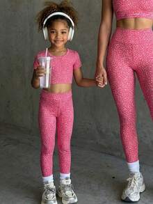 Girls (Small) Casual Professional Fashion Pink Leopard Print Tight Yoga Exercise Sports Leggings Cycling Pants Activewear - Pink - View 2