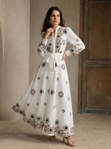 Anewsta 白色刺绣收腰不对称下摆花卉刺绣长袖优雅女装 - 白色 - 查看 7