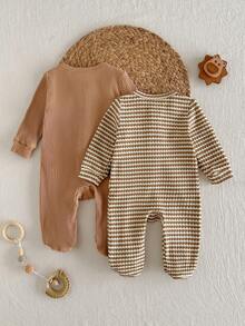 Loomiva 新生儿女宝宝/男宝宝柔软针织圆领长袖连体衣和裤子两件套 - 彩色 - 查看 2