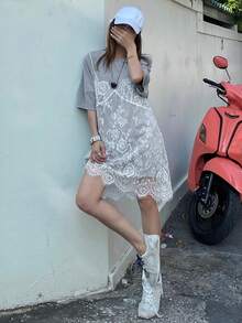 DAZY 女士蕾丝拼接二合一短袖连衣裙太阳裙，休闲女装