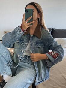 DAZY 西部牛仔风拼接撞色宽松翻领长袖休闲街头秋冬女式外套 - 藍色 - 查看 6