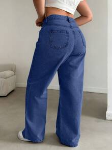 EURMUSE 100%Cotton HIGH RISE STRAIGHT CUT PLUS SZIE WOMEN JEAN - Dusty Blue - View 2