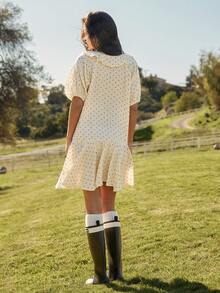 WESTFADE Ruffle V Neck Bow Front Short Sleeve Tiered Ruffle 100% Polka Dot Cotton Mini Dress - White - View 2