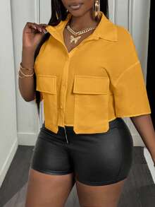 Slaydiva 女士休闲白色Polo领短袖工作服衬衫，带口袋，A款；女士休闲口袋短袖衬衫，宽松露脐白色落肩衬衫；春夏休闲日常穿着加大码黄色上衣 - 芥末黃 - 查看 5