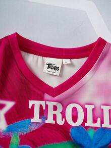 SHEIN Trolls Tween Girls' V-Neck Cartoon & Leopard Print Short Sleeve T-Shirt - Pink - View 7