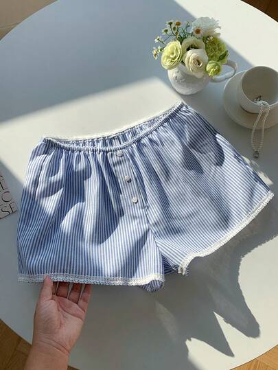 Comfortcana Women's Striped Linen Button Design Loose Casual Shorts