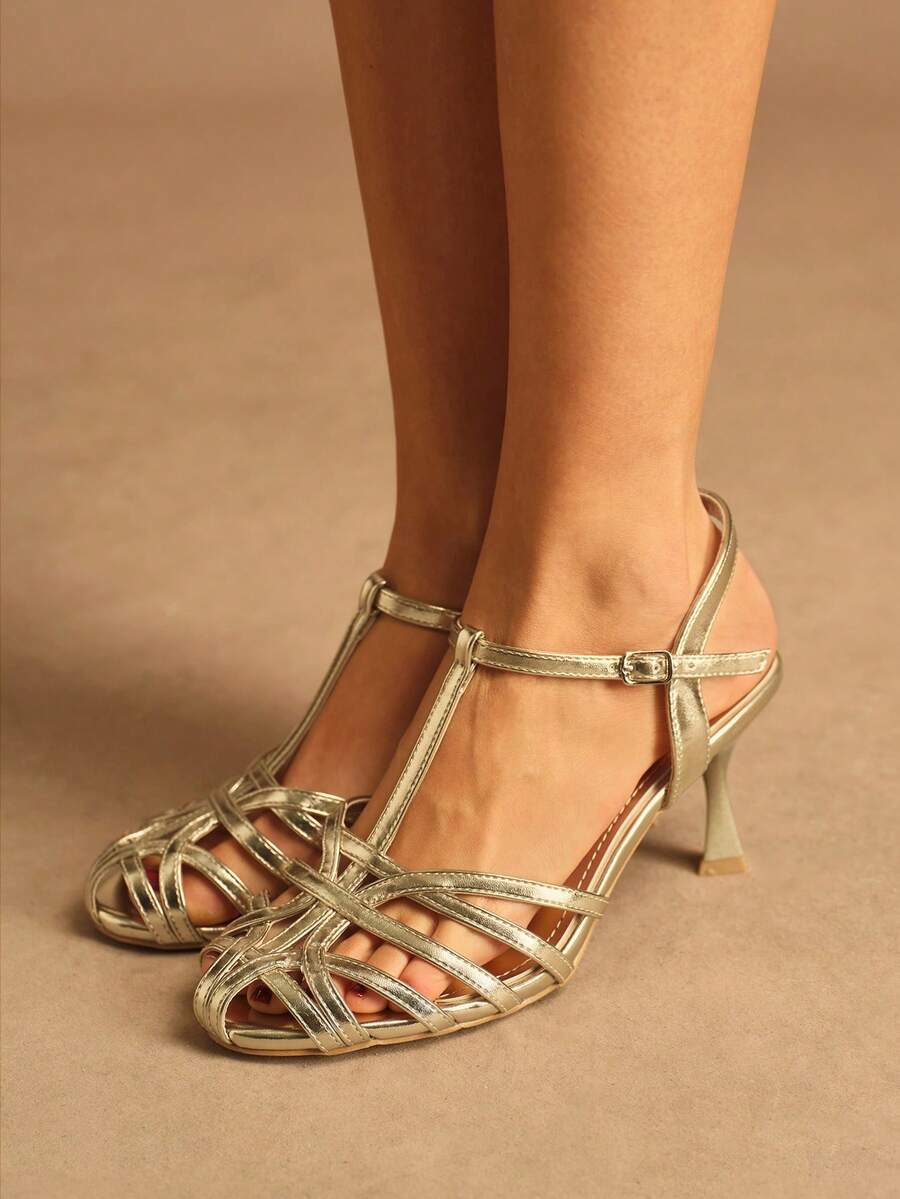 Rosivie Giày sandal cao gót nữ thiết kế khóa cài thanh lịch, phù hợp cho các bữa tiệc và dịp trang trọng. - Vàng - Xem 1