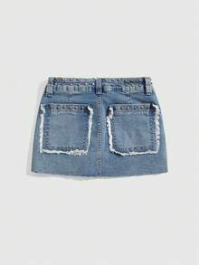 ROMWE J-Fashion 女士复古Y2K铆钉装饰超低腰迷你牛仔裙 - 藍色 - 查看 2