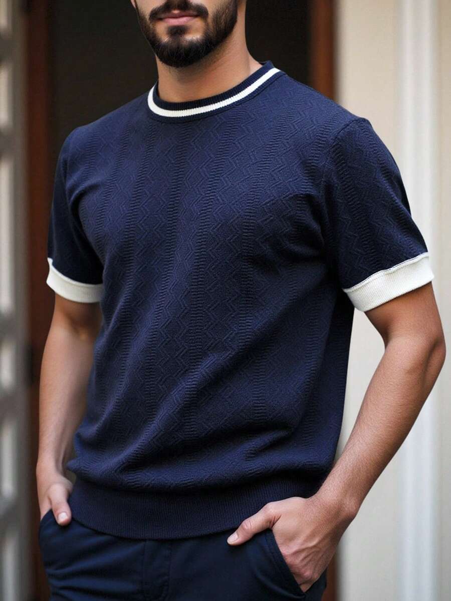 Manfinity Homme 男士紋理布料對比包邊短袖針織上衣,海軍藍與白色,夏季休閒日常通勤針織衫 - 藏蓝色 - 查看 1