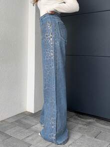 Jeta Ari 女士时尚豹纹阔腿牛仔裤 - 淺藍色 - 查看 5