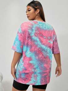SHEIN EZwear 休闲加大码多色扎染T恤，圆领落肩半袖长款针织拼接上衣，宽松女式T恤，扎染衬衫，女士宽松T恤，彩色女式上衣 - 彩色 - 查看 2