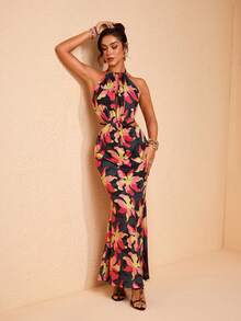 JIAN LASALA Multicolor Tropical Floral Print Halter Sleeveless Backless Long Dress Women Summer Elegant - Multicolor - View 8