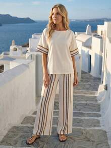 EMERY ROSE 女士条纹印花圆领短袖上衣和松紧腰裤休闲两件套 - 彩色 - 查看 3