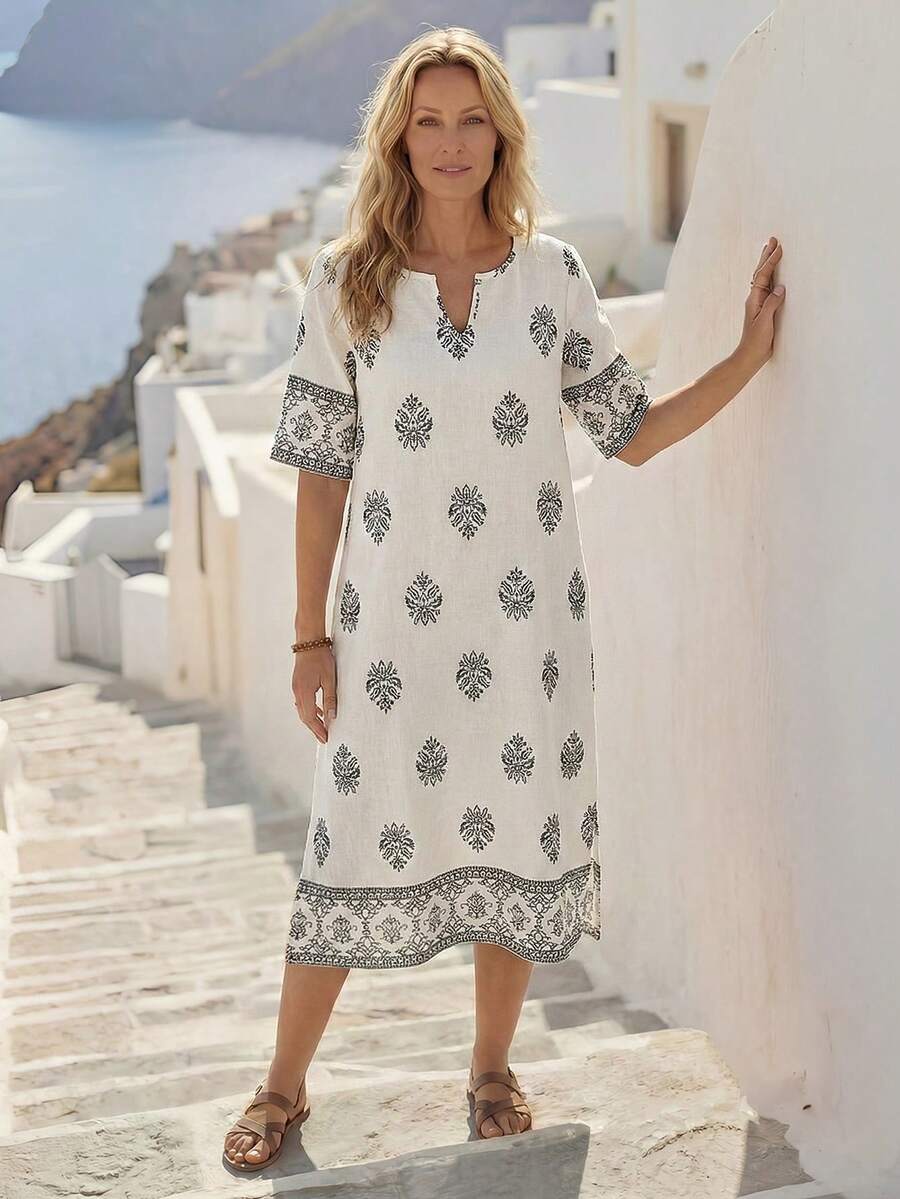 EMERY ROSE Đầm nữ tay ngắn cổ chữ V in hoa, dáng suông, thường ngày. - trắng - Xem 1