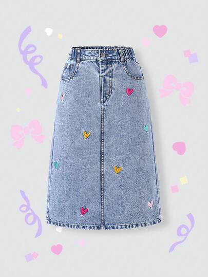 SHEIN 一件装少女牛仔A字裙，彩色爱心刺绣，甜美可爱田园风，休闲日常穿着，宽松版型，松紧腰带和纽扣前襟，舒适时尚，夏季必备