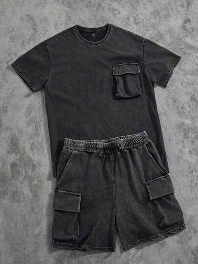 Manfinity ZONE917 Conjunto informal de camiseta y pantalón corto tipo cargo lavado para hombres, conjunto de dos piezas holgado, conjunto de ropa casual de dos piezas para hombres