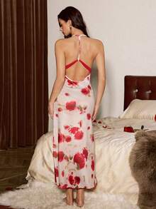 Slumberist 奢华女士睡衣套装，优雅花卉印花荷叶边睡袍，半透明性感睡袍套装 - 酒紅色 - 查看 2