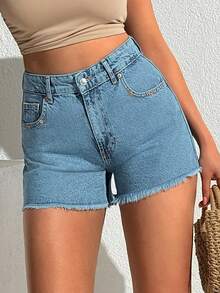 EURMUSE Pantalones cortos vaqueros de tiro alto con dobladillo deshilachado, estilo minimalista para uso casual/diario y vacaciones, 100% algodón - Lavado ligero - Ver 5