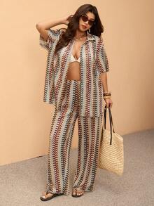 Elaquor Plus Size Striped Print Elastic Waist Casual Cover-Up Pants , Spring - Multicolor - View 7