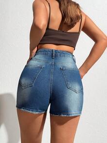 EURMUSE Women's High-Rise Casual Washed Raw Hem Denim Shorts With Pockets - Blue - View 2