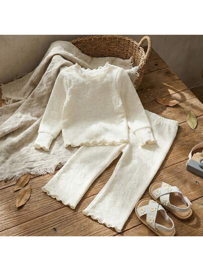 Loomiva 2 st set med enfärgad stickad mjuk rund halsringning för babyflicka, långärmad topp och byxor med resår i midjan