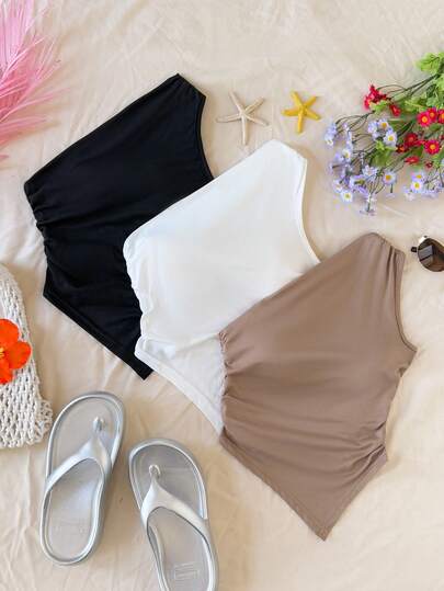 SHEIN Conjunto de 3 piezas de camiseta ajustada informal con bajo asimétrico para niña preadolescente