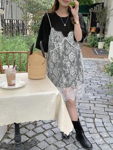 DAZY 女士蕾丝拼接二合一短袖连衣裙，休闲女士复活节连衣裙 - 黑與白 - 查看 6