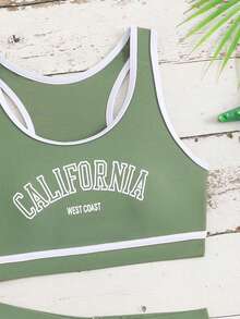 SHEIN 2件套少女彩色拼接印花弹力速干舒适针织面料连体泳衣，适合海滩、泳池、冲浪、度假、夏季旅行 - 軍綠色 - 查看 4