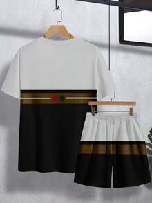 Manfinity Homme 2pcs/Set Classic Colorblock Striped Combo Milan Round Neck Short Sleeve T-Shirt And Shorts Men Two Piece Casual Short Sets - Multicolor - View 3