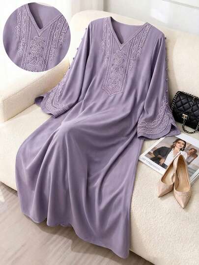 Al Najma Women's Floral Embroidery V-Neck Long Sleeve Button Design Elegant Arabic Dress Arabic Dress For Women Lavender Dress For Women Abayas Dubai Luxury Purple Elegant Dress Women